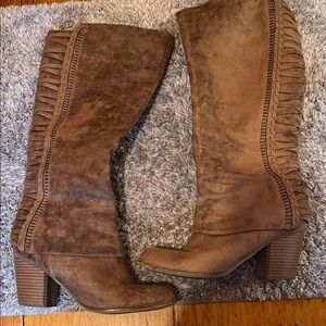 Fergalicious Brown Suede Fringe Mid-Calf Heeled Boots
